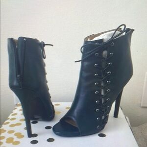 Black Lace-Up Peep Toe Heeled Boots